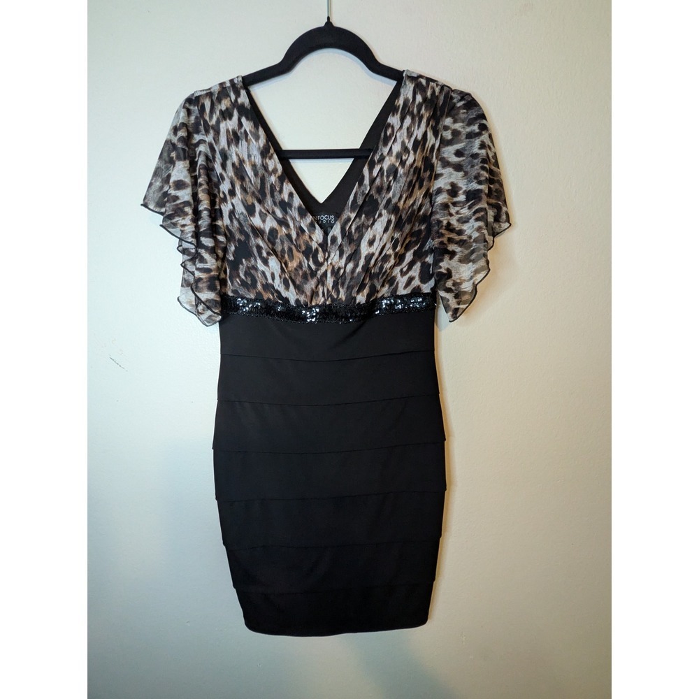 Enfocus Studio Leopard Print V Neck Tiered Ruffle Sleeve Sheath Dress Size 4